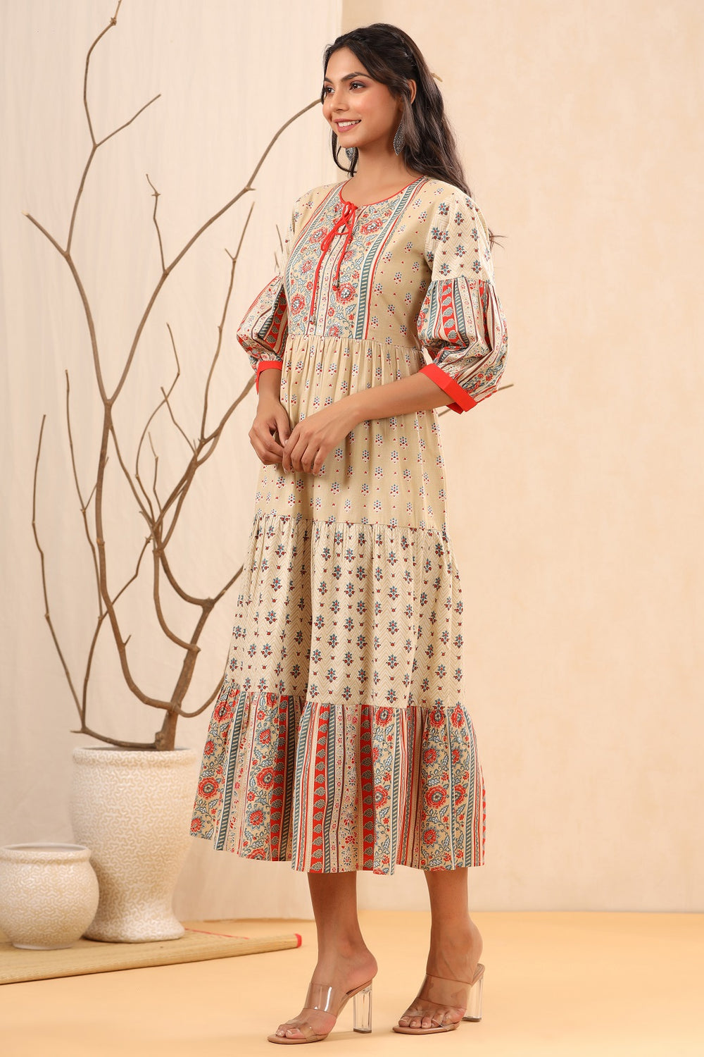 Juniper Beige Cambric Festive Printed Tiered Long Dress For Women - Distacart