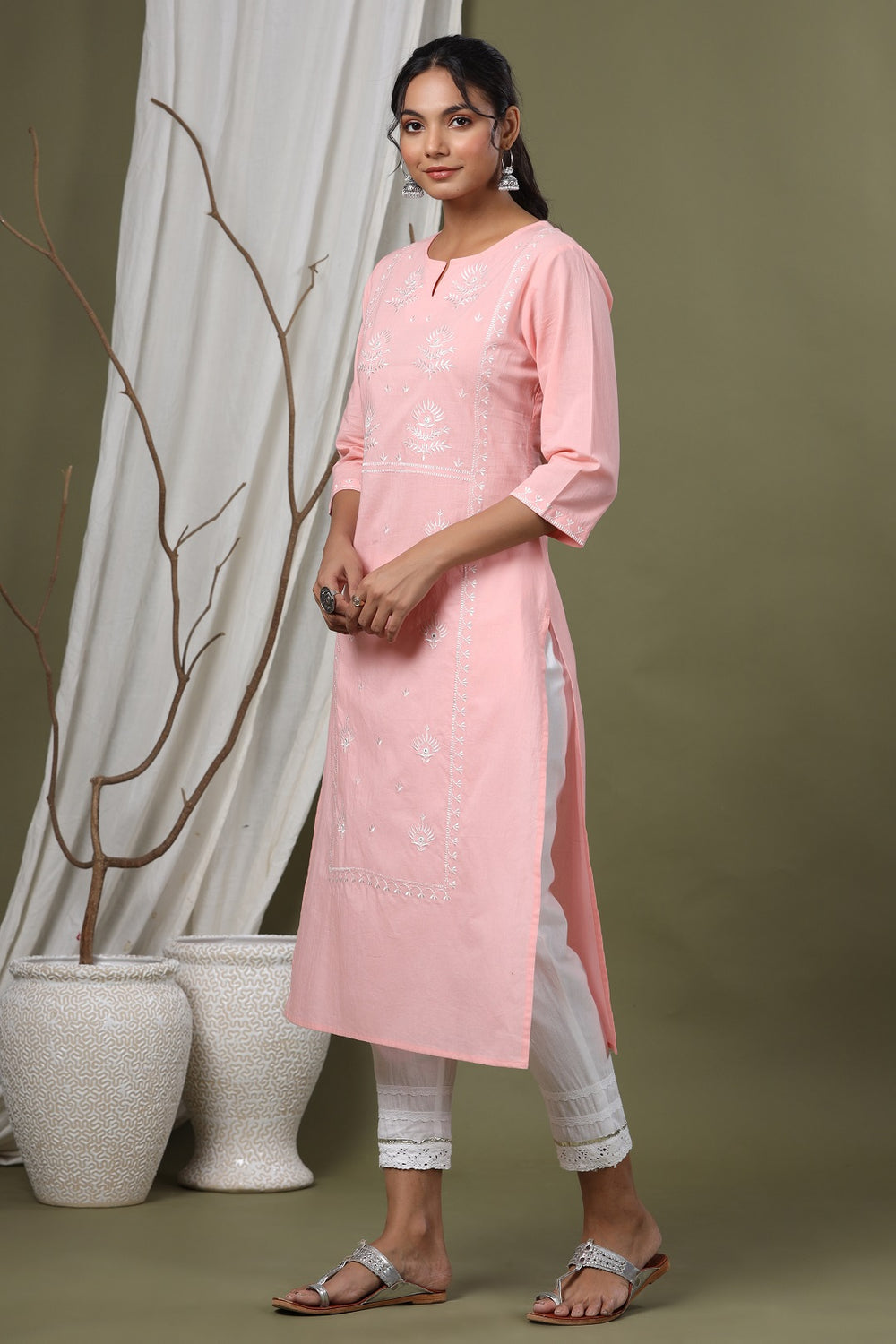 Juniper Pink Cambric Festive Embroidered Straight Kurta For Women - Distacart