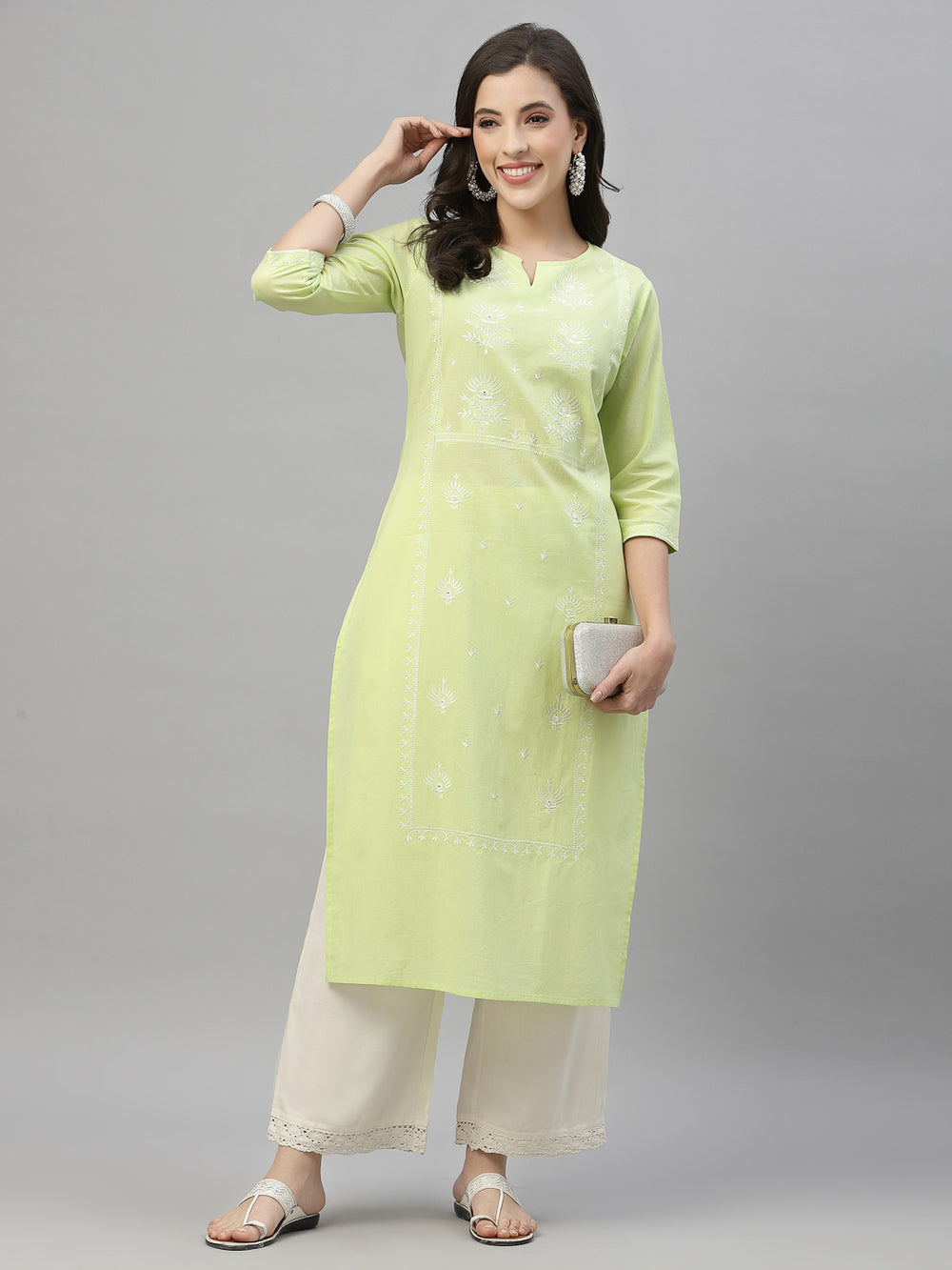 Juniper Pista Green Cambric Festive Embroidered Straight Kurta For Women - Distacart
