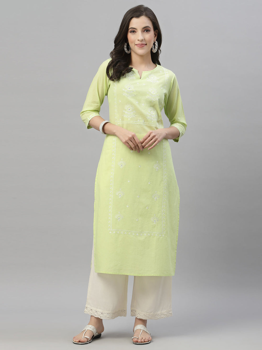 Juniper Pista Green Cambric Festive Embroidered Straight Kurta For Women - Distacart