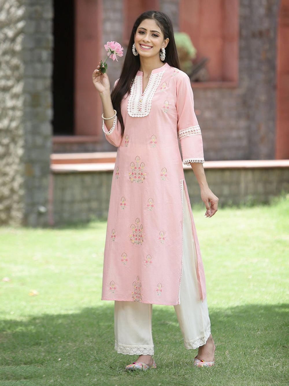 Juniper Peach Cambric Festive Embroidered Straight Kurta For Women - Distacart