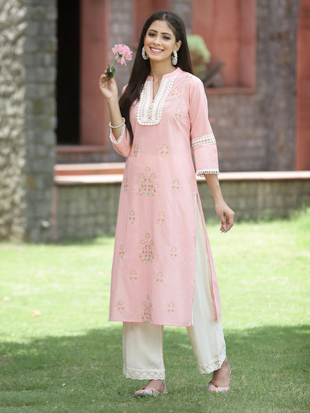 Juniper Peach Cambric Festive Embroidered Straight Kurta For Women
