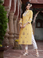 Juniper Women's Yellow Cambric Embroidered Straight Kurta - Distacart