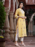 Juniper Women's Yellow Cambric Embroidered Straight Kurta - Distacart