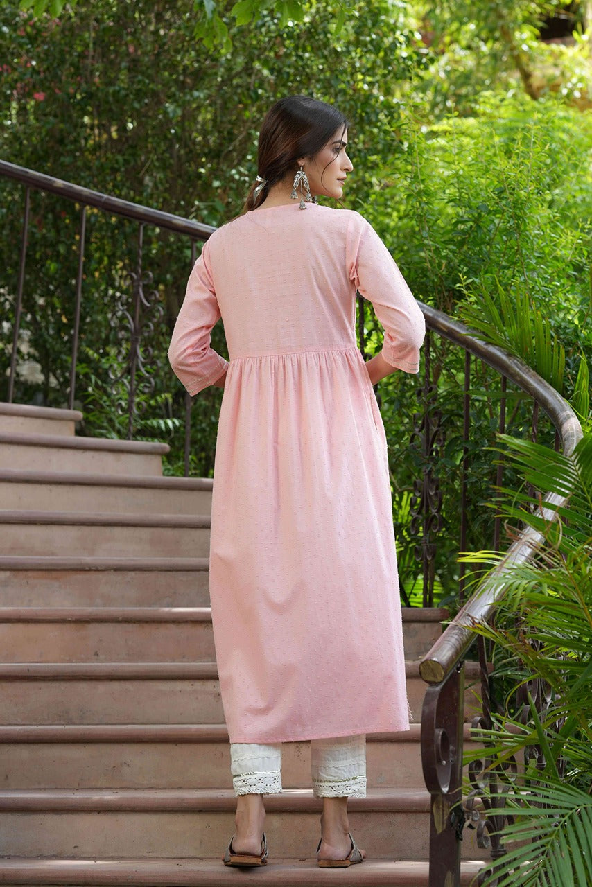 Juniper Peach Cotton Dobby Festive Embroidered A-Line Long Kurta For Women - Distacart