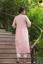 Juniper Peach Cotton Dobby Festive Embroidered A-Line Long Kurta For Women - Distacart