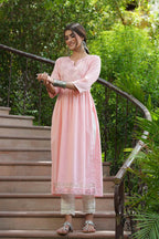 Juniper Peach Cotton Dobby Festive Embroidered A-Line Long Kurta For Women - Distacart