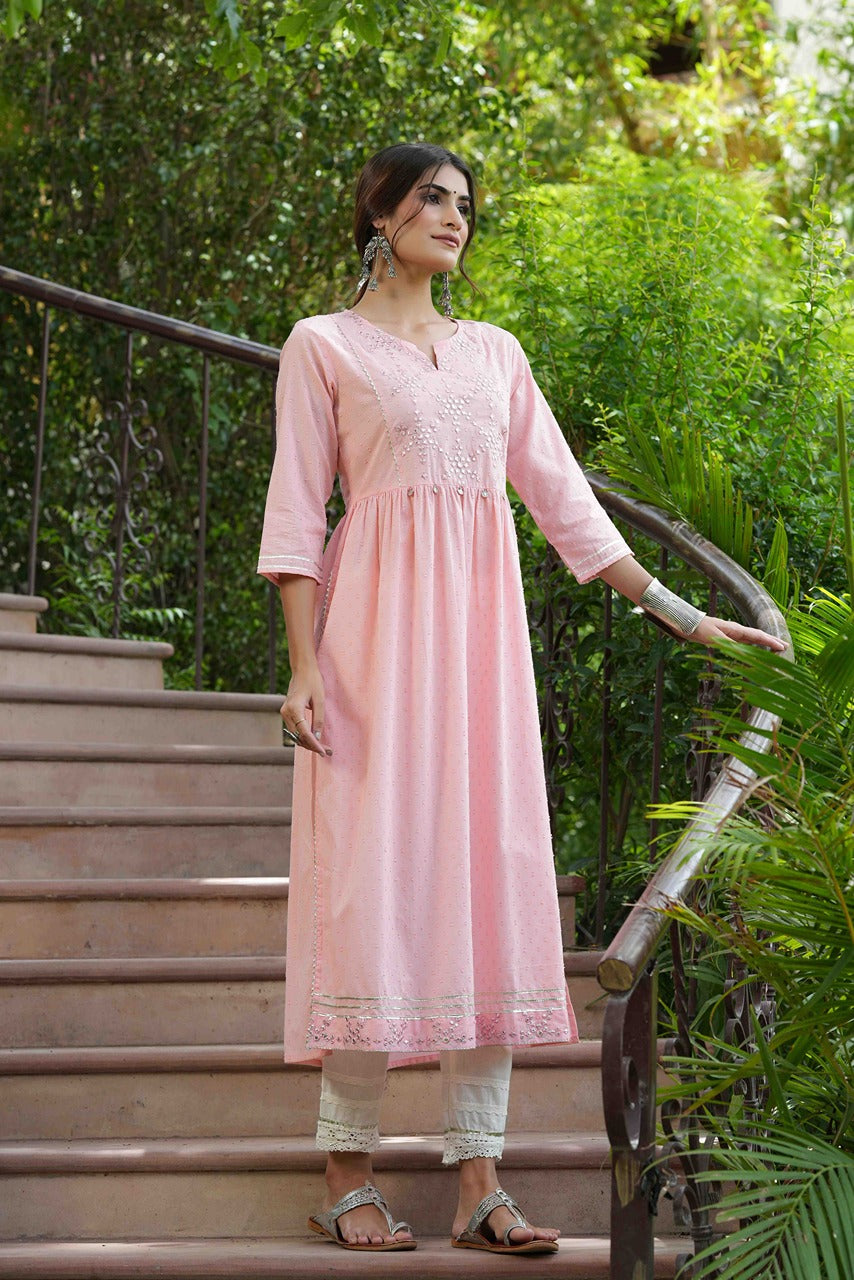 Juniper Peach Cotton Dobby Festive Embroidered A-Line Long Kurta For Women - Distacart