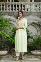Juniper Pista Green Cotton Dobby Festive Embroidered A-Line Long Kurta For Women - Distacart