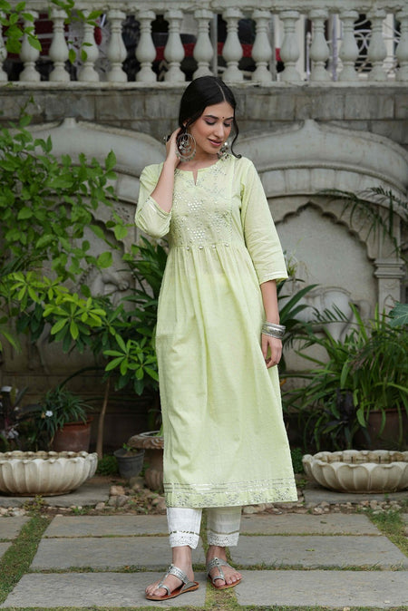 Juniper Pista Green Cotton Dobby Festive Embroidered A-Line Long Kurta For Women