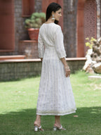 Juniper White Cotton Lurex Festive Embroidered Flared Long Dress For Women - Distacart