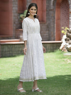 Juniper White Cotton Lurex Festive Embroidered Flared Long Dress For Women - Distacart