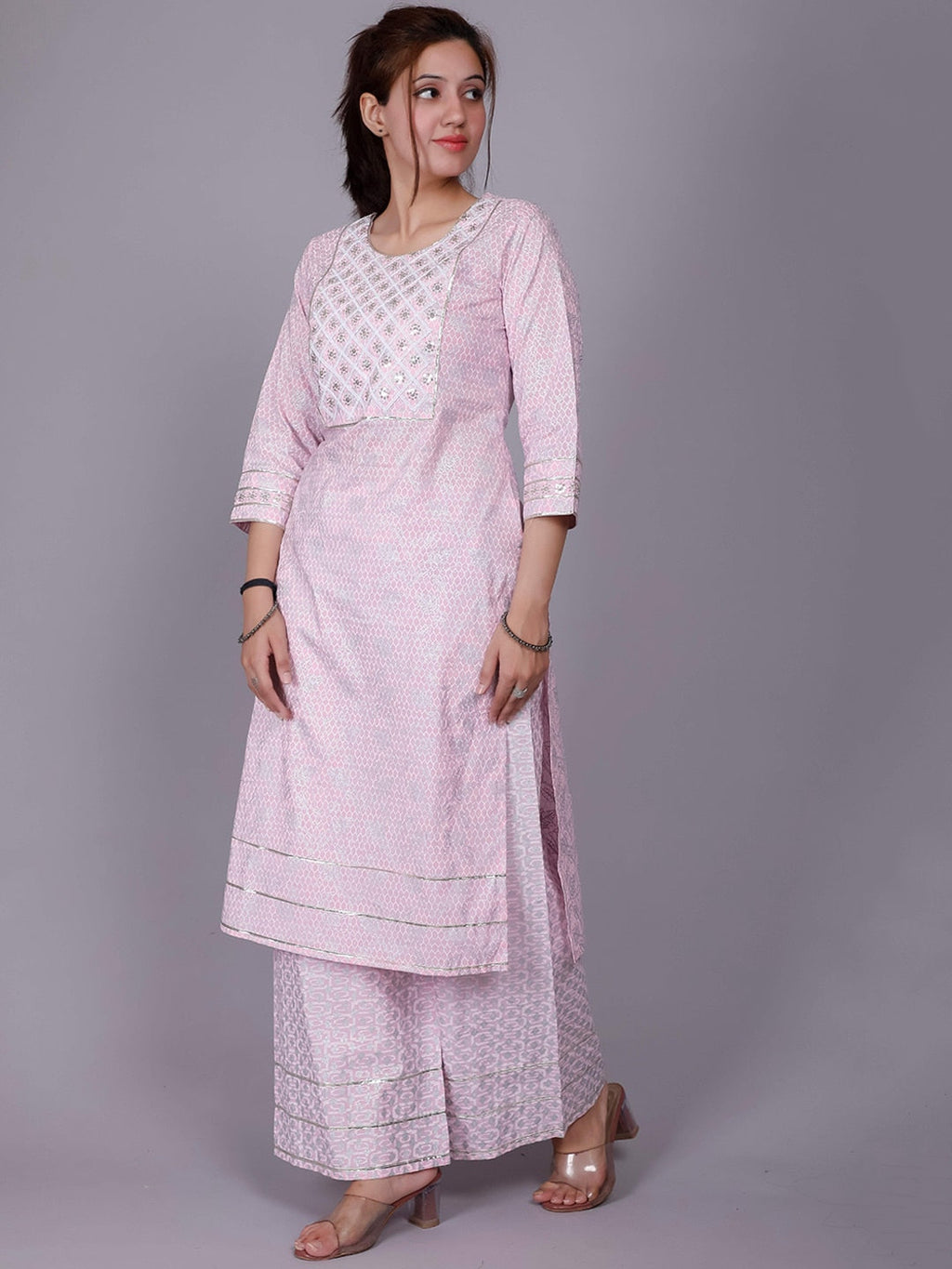 HERE&NOW Pink Ethnic Motifs Embroidered Sequinned Pure Cotton Kurta with Palazzos