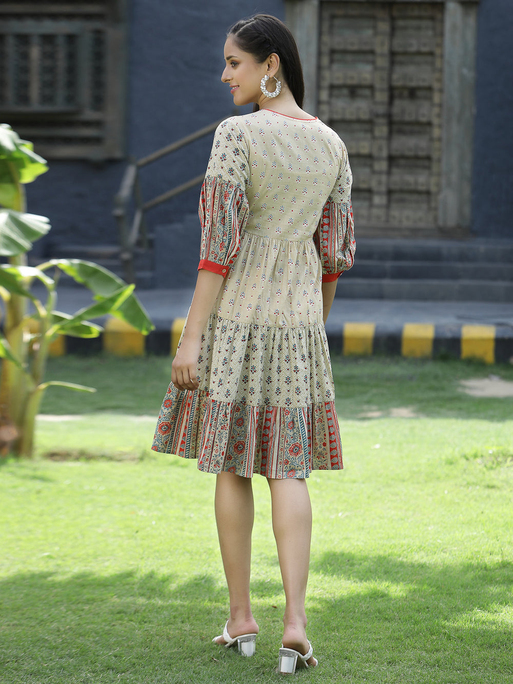 Juniper Beige Cambric Festive Embroidered Tiered Short Dress For Women - Distacart