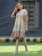 Juniper Beige Cambric Festive Embroidered Tiered Short Dress For Women - Distacart