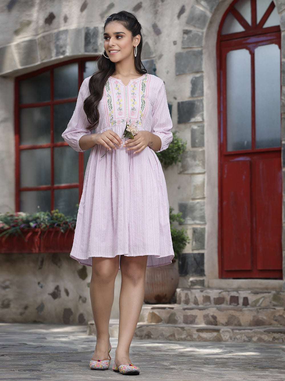 Juniper Women's Lavender Cotton Dobby Embroidered A-Line Short Dress - Distacart