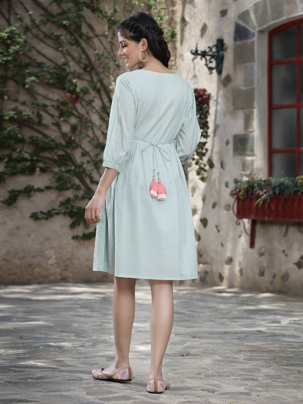 Juniper Women's Mint Green Cotton Dobby Embroidered A-Line Short Dress - Distacart