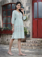 Juniper Women's Mint Green Cotton Dobby Embroidered A-Line Short Dress - Distacart