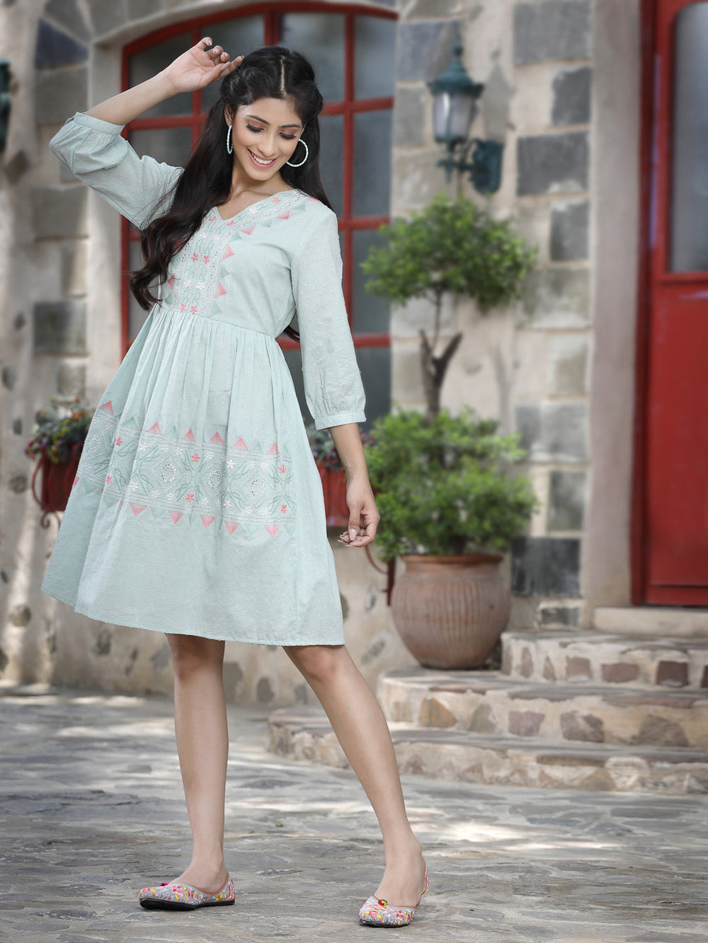 Juniper Women's Mint Green Cotton Dobby Embroidered A-Line Short Dress - Distacart