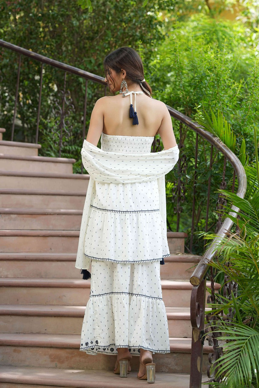 Juniper Off - White Cotton Dobby Festive Embroidered Tiered Skd For Women - Distacart