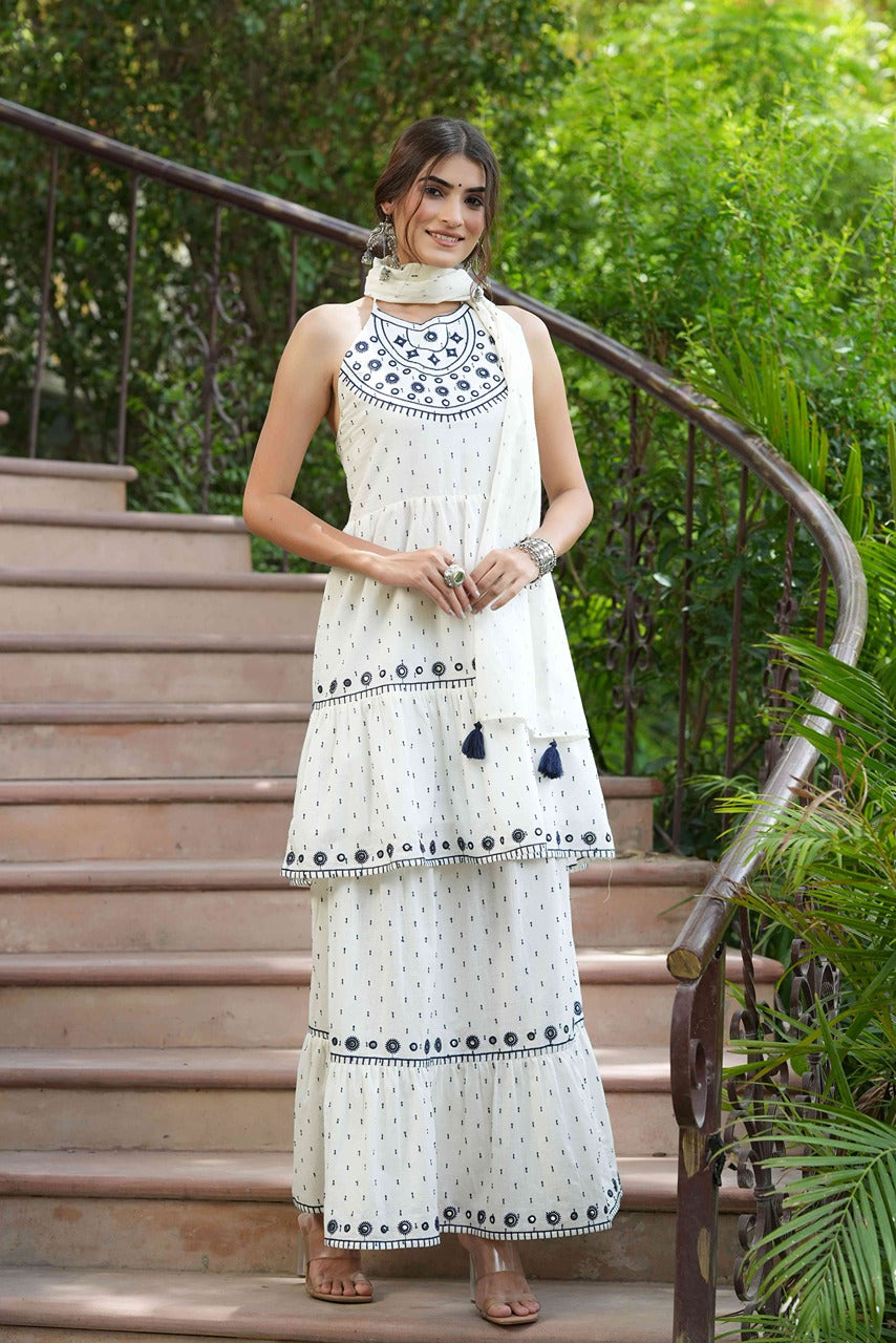 Juniper Off - White Cotton Dobby Festive Embroidered Tiered Skd For Women - Distacart