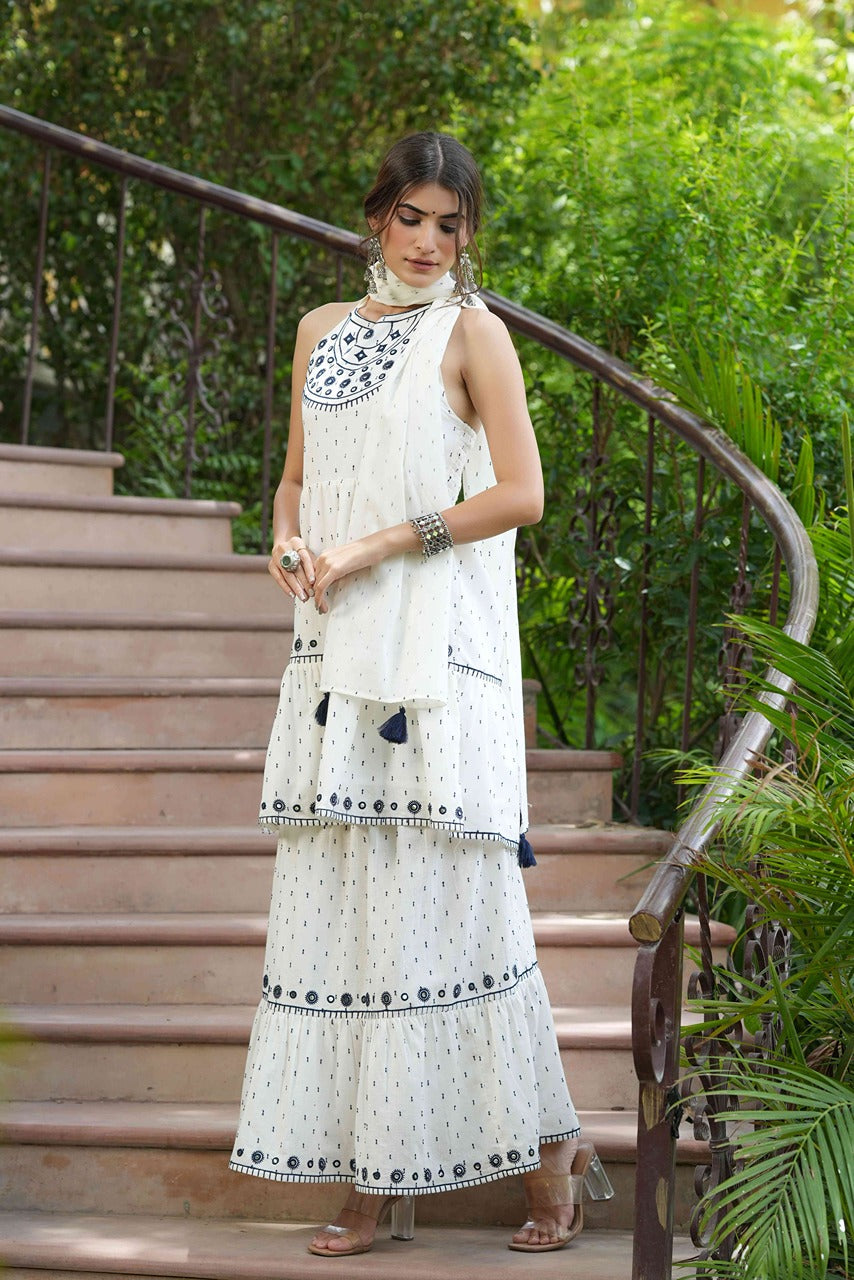 Juniper Off - White Cotton Dobby Festive Embroidered Tiered Skd For Women - Distacart