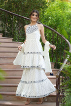 Juniper Off - White Cotton Dobby Festive Embroidered Tiered Skd For Women - Distacart