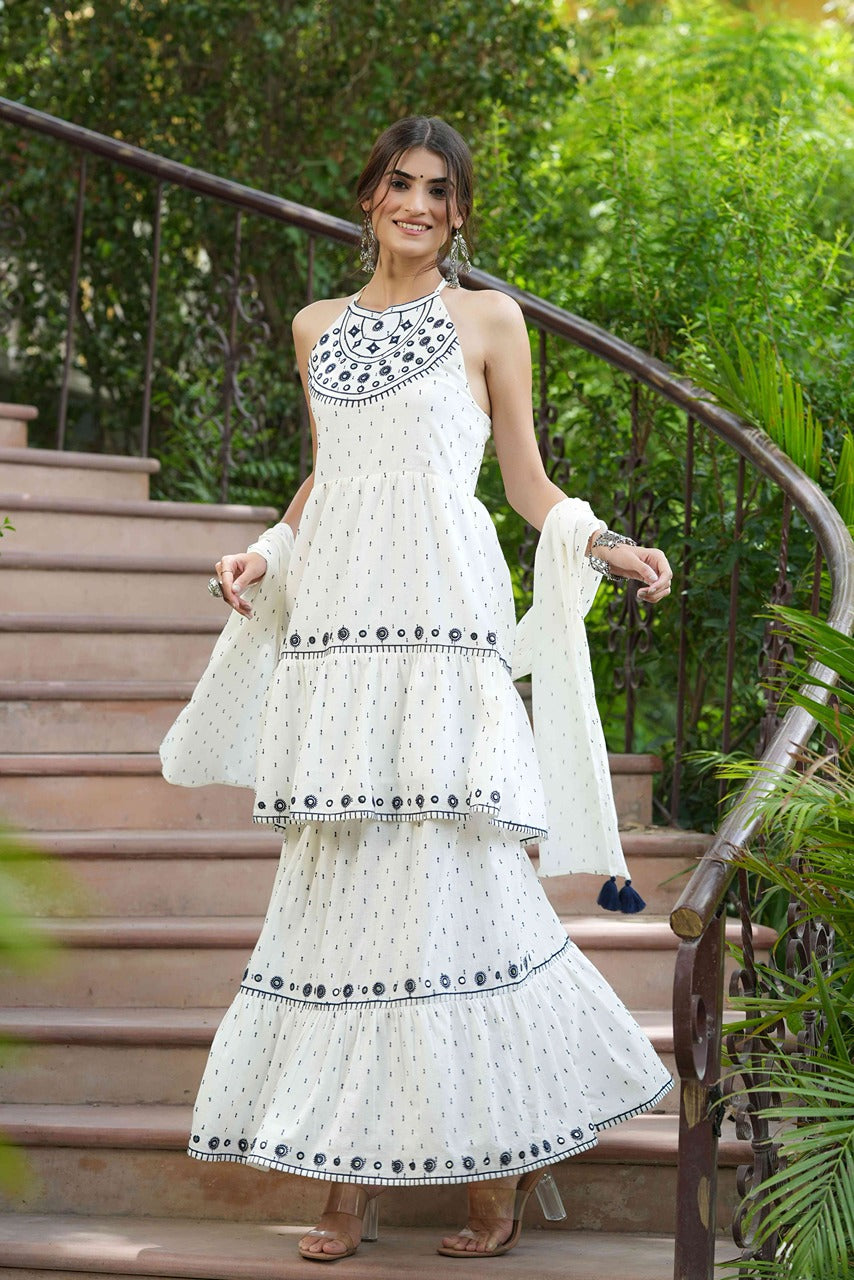 Juniper Off - White Cotton Dobby Festive Embroidered Tiered Skd For Women - Distacart