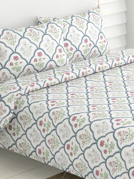 haus & kinder Blue & White Ethnic Motifs 186 TC King Bedsheet with 2 Pillow Covers