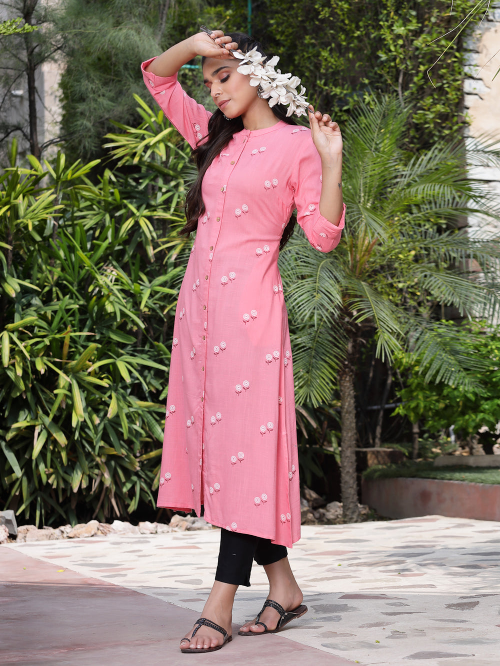 Juniper Women's Pink Rayon Printed A-Line Kurta - Distacart