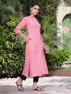 Juniper Women's Pink Rayon Printed A-Line Kurta - Distacart