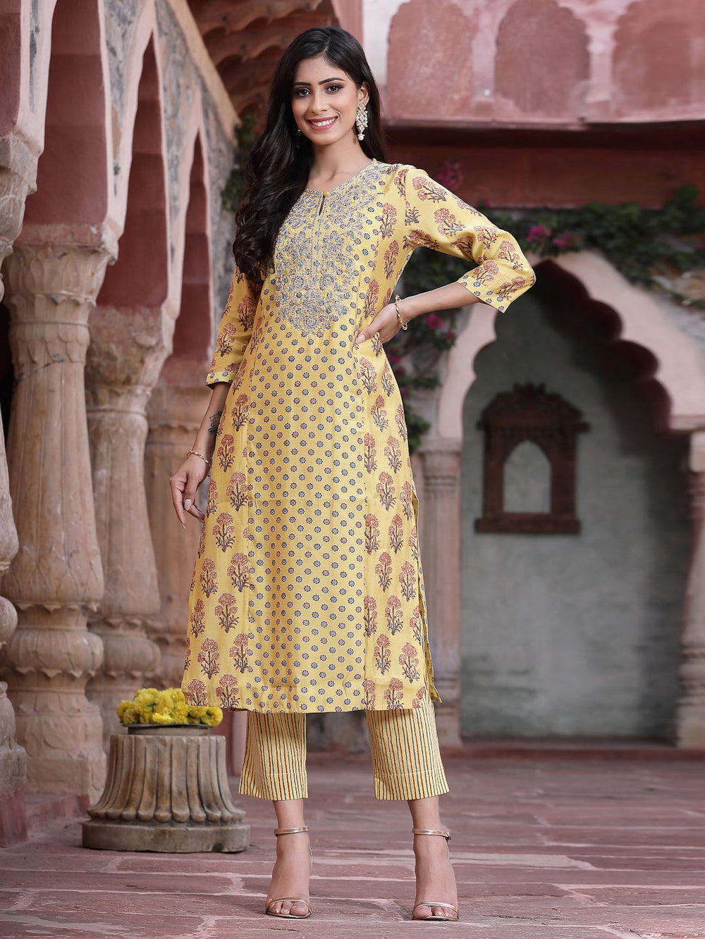 Juniper Women's Mustard Muslin Embroidered Straight Kurta Sets - Distacart