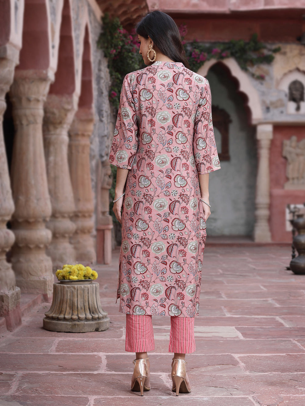 Juniper Women's Onion Pink Muslin Gold Foil Printed Straight Kurta Sets - Distacart