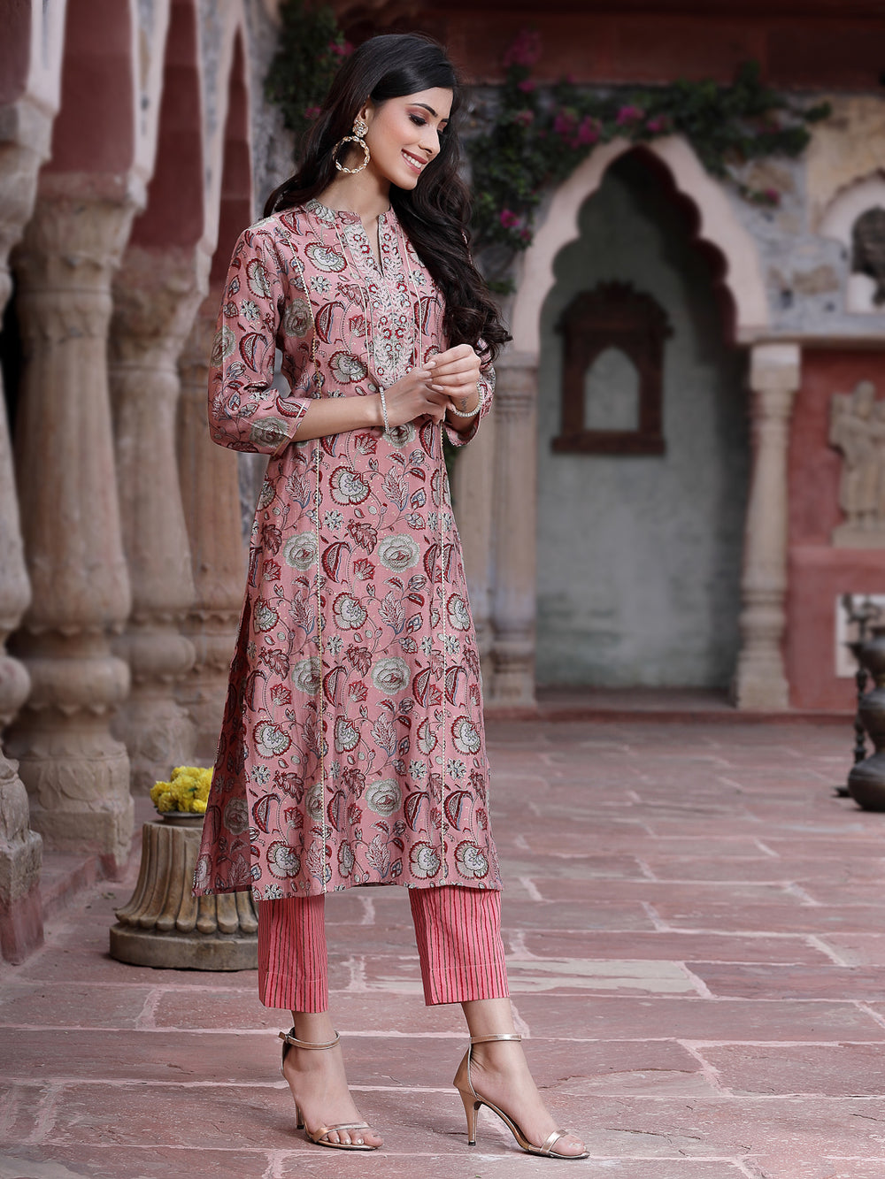 Juniper Women's Onion Pink Muslin Gold Foil Printed Straight Kurta Sets - Distacart