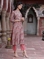 Juniper Women's Onion Pink Muslin Gold Foil Printed Straight Kurta Sets - Distacart