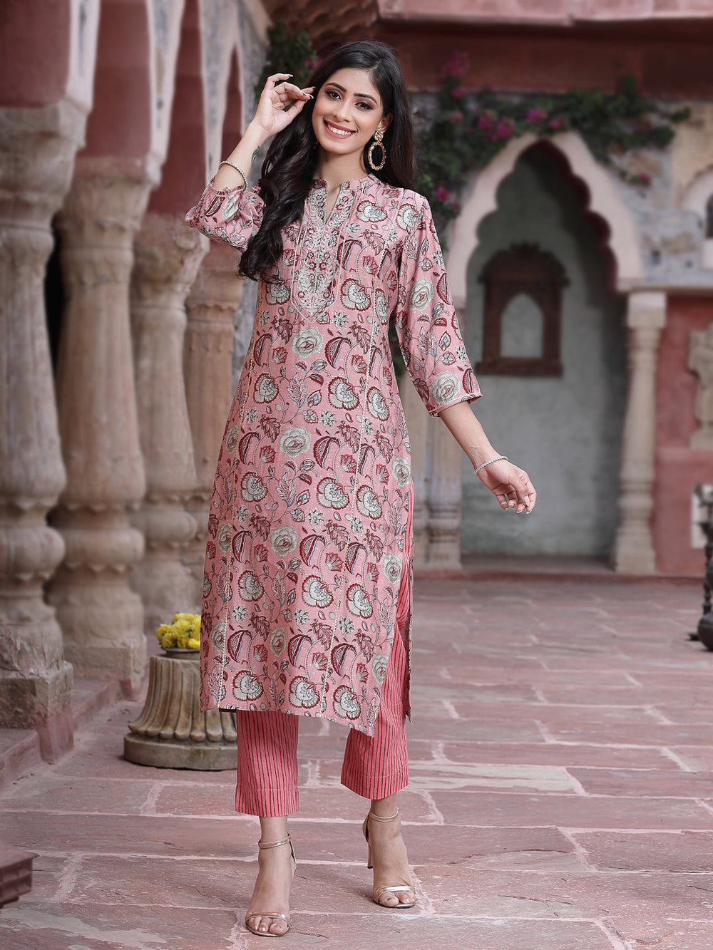 Juniper Women's Onion Pink Muslin Gold Foil Printed Straight Kurta Sets - Distacart