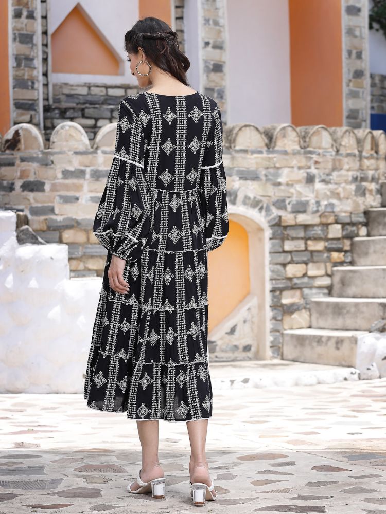 Juniper Women's Black Rayon Printed Tiered Dress - Distacart