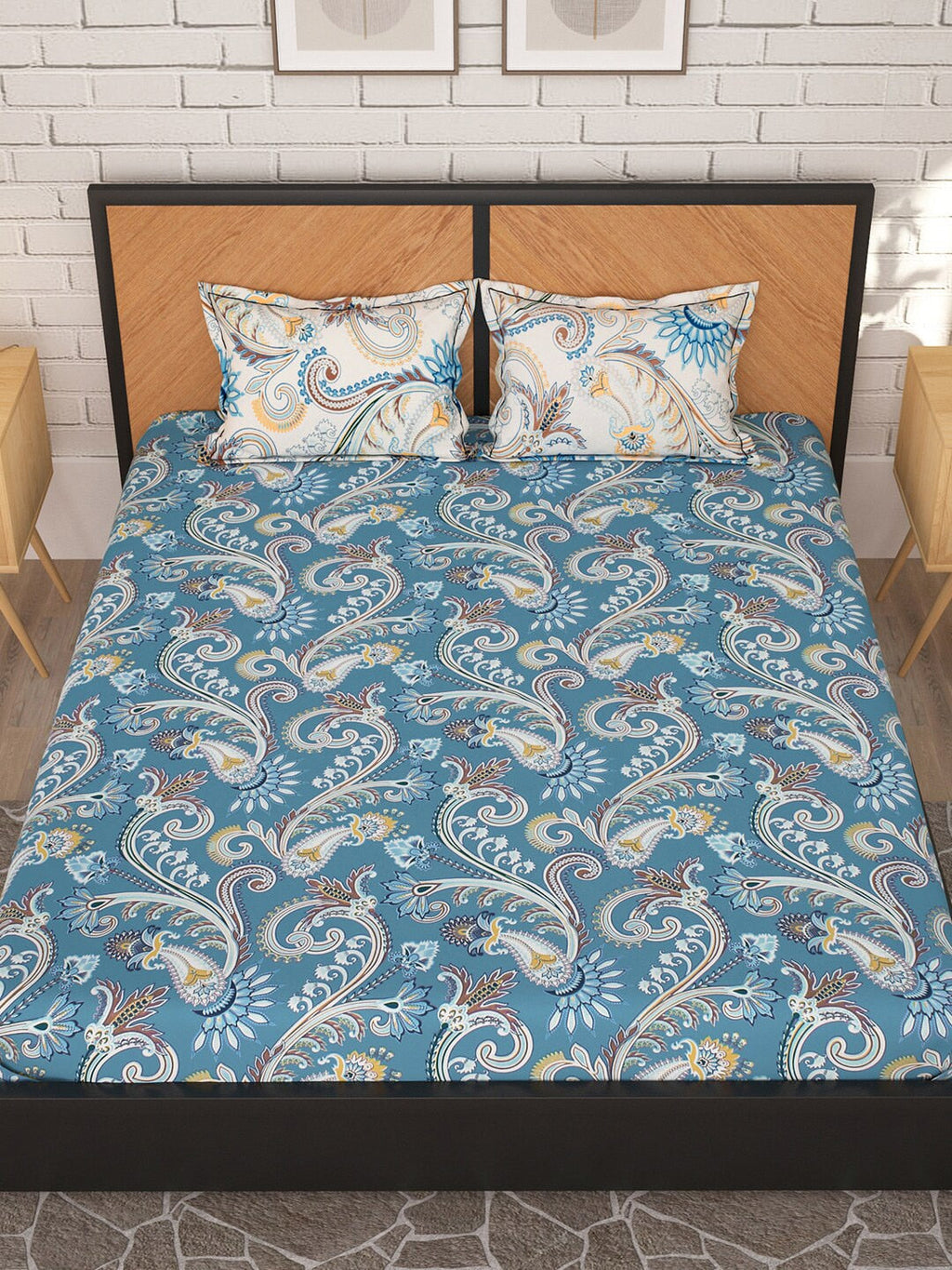 Story@home Blue & Cream-Coloured Ethnic Motifs 180 TC Queen Bedsheet With 2 Pillow Covers