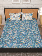 Story@home Blue & Cream-Coloured Ethnic Motifs 180 TC Queen Bedsheet With 2 Pillow Covers