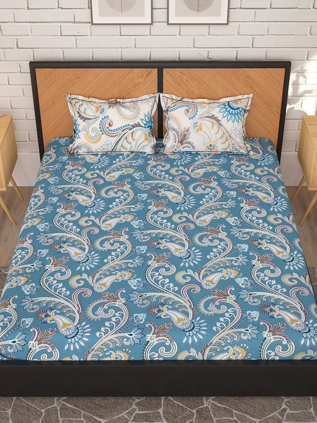 Story@home Blue & Cream-Coloured Ethnic Motifs 180 TC Queen Bedsheet With 2 Pillow Covers