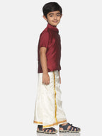 Sethukrishna Boys Maroon & White Solid Shirt and Veshti Set