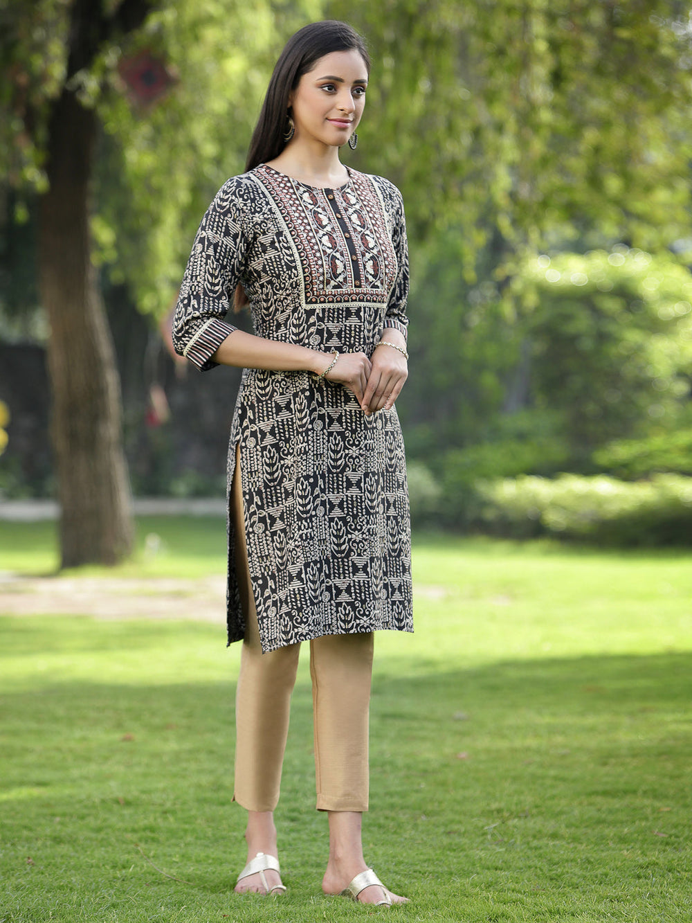 Juniper Black Rayon Festive Embroidered Printed Straight Tunic For Women - Distacart
