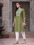 Juniper Women's Green Rayon Placement Print Straight Kurta - Distacart