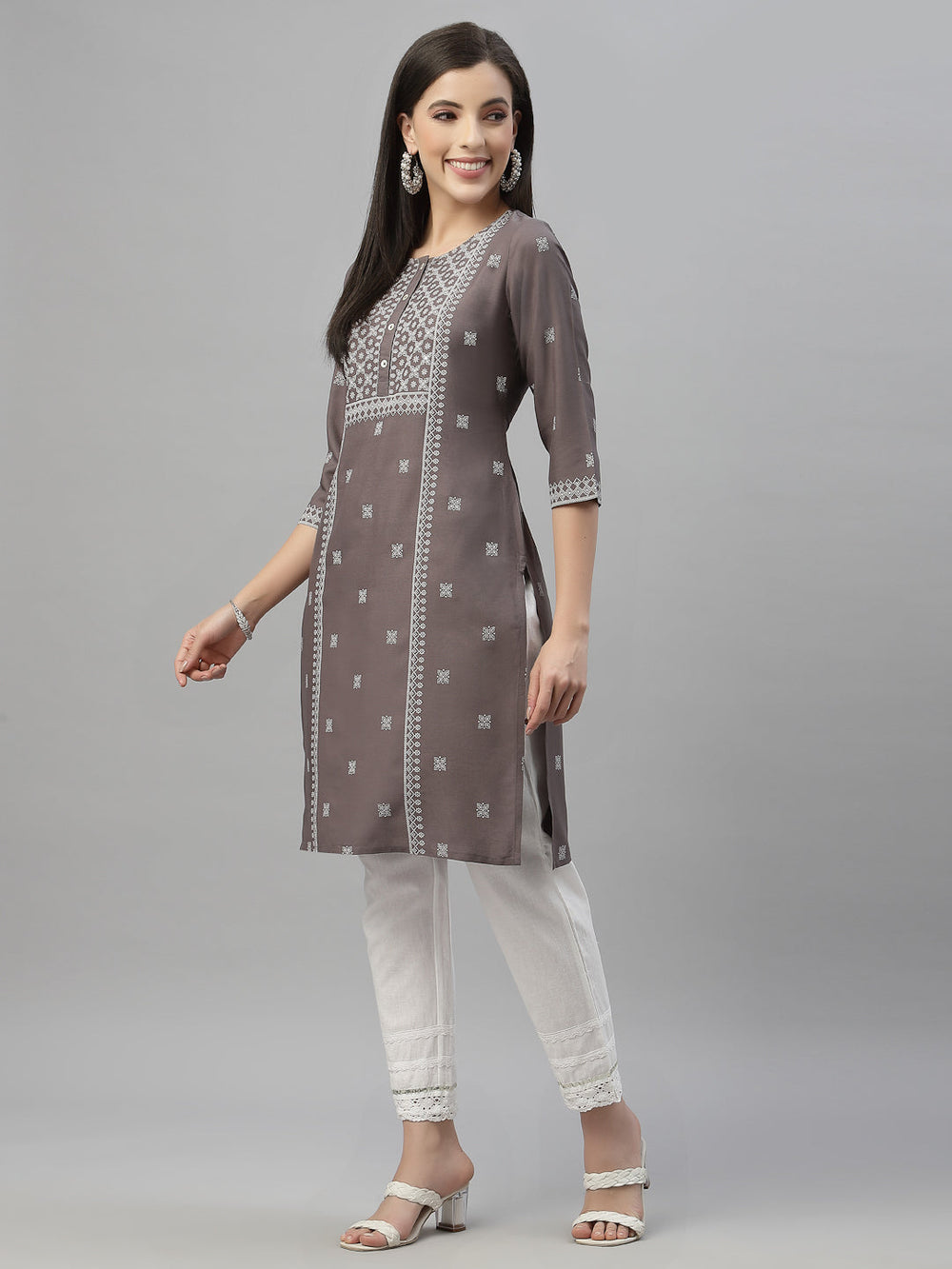 Juniper Grey Rayon Festive Placement Print Straight Kurta For Women - Distacart