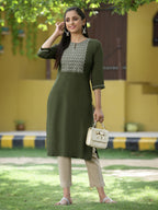 Juniper Green Rayon Festive Embroidered Straight Kurta For Women - Distacart
