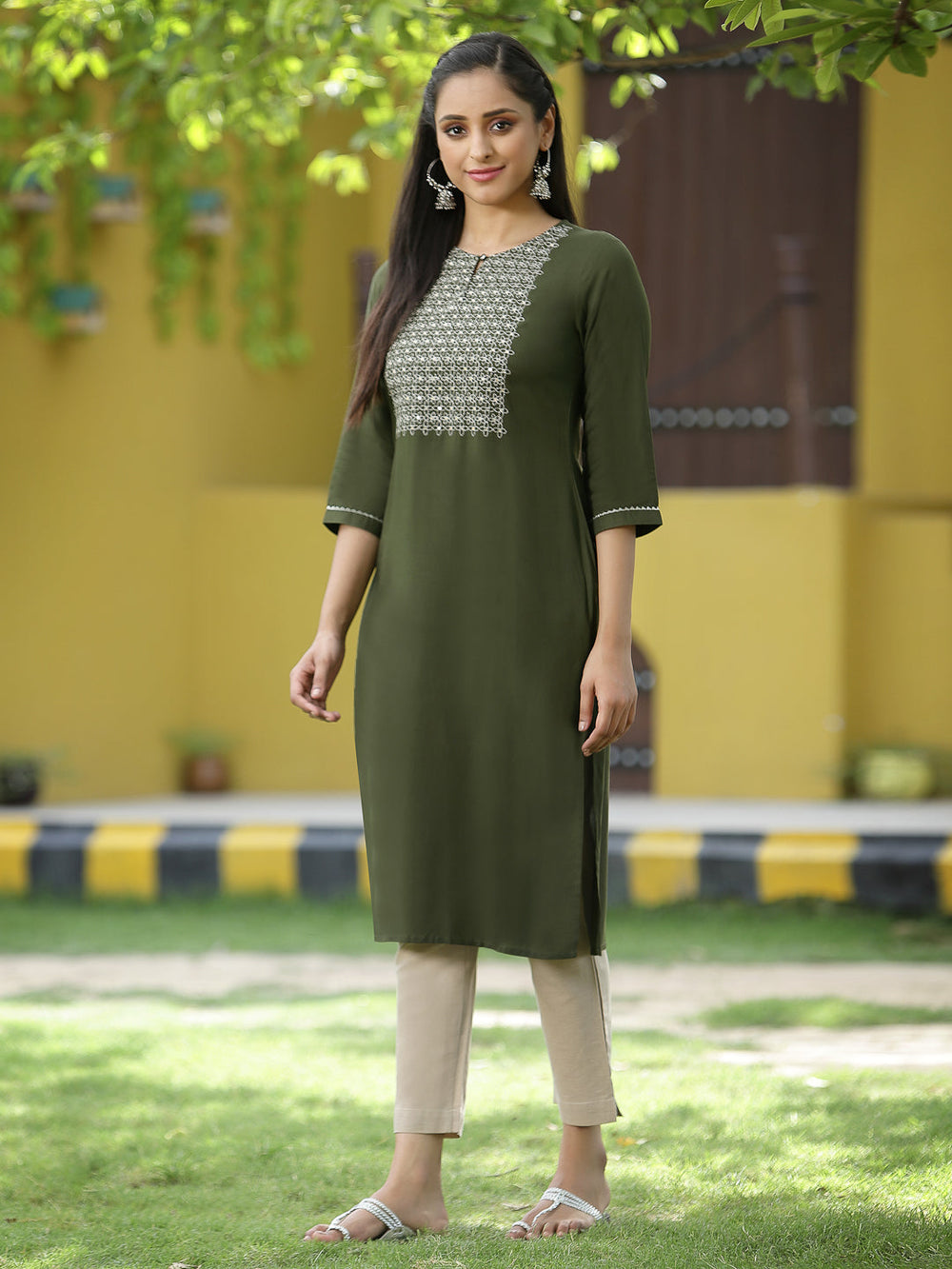 Juniper Green Rayon Festive Embroidered Straight Kurta For Women - Distacart