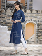 Juniper Women's Royal Blue Cotton Embroidered Straight Kurta - Distacart