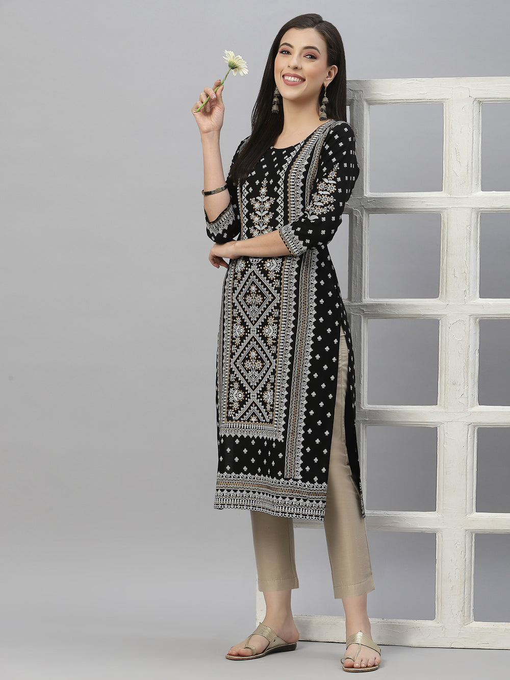 Juniper Black Rayon Festive Placement Print Straight Kurta For Women - Distacart