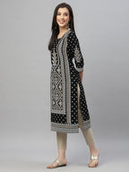 Juniper Black Rayon Festive Placement Print Straight Kurta For Women - Distacart