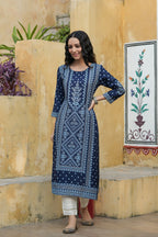 Juniper Indigo Rayon Festive Placement Print Straight Kurta For Women - Distacart